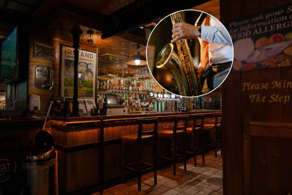 Collage of a photo of a bar and a saxophone