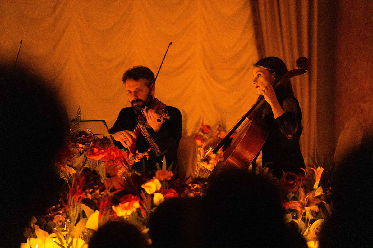 Plano medio de una violonchelista y un violinista tocando sobre un escenario cubierto de velas y flores durante un concierto Candlelight Spring.