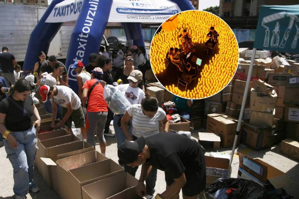 Un gruppo di volontari impegnati in attività umanitarie a favore del Venezuela dopo i terremoti del 24 giugno, e una ripresa panoramica di un quartetto d’archi che suona su un palco ricoperto da migliaia di candele durante un concerto Candlelight.