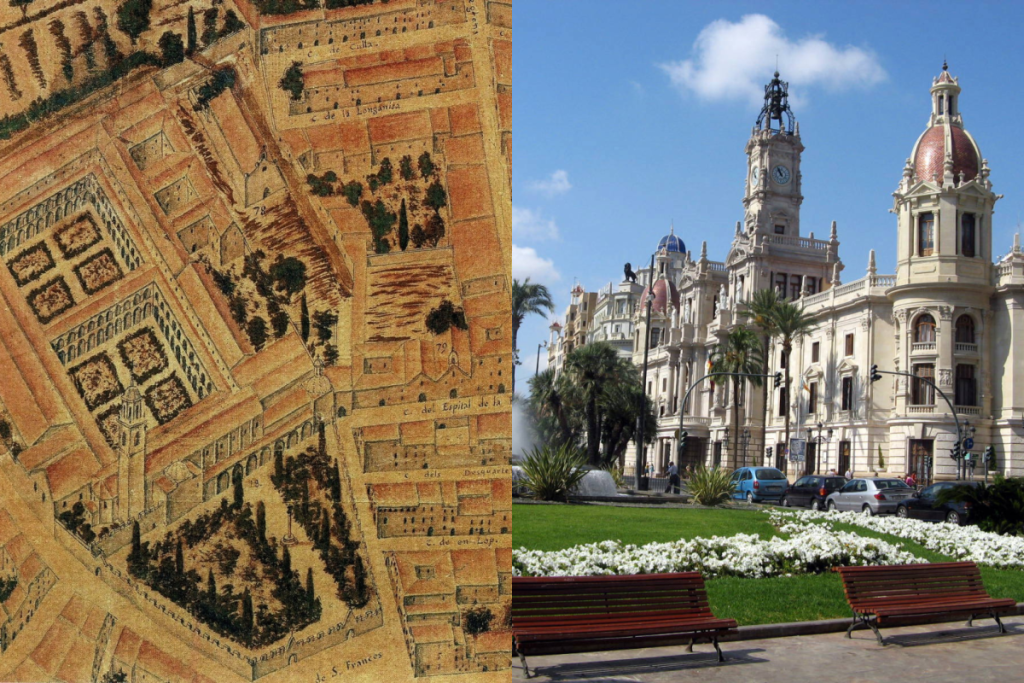 On the left is Tosca i Mascó’s plan of the Convent of San Francisco, and on the right is Valencia City Hall