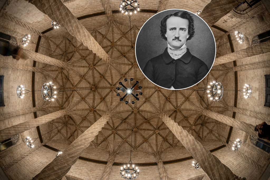 Interior de la Lonja de la Seda en Valencia y primer plano de Edgar Allan Poe.