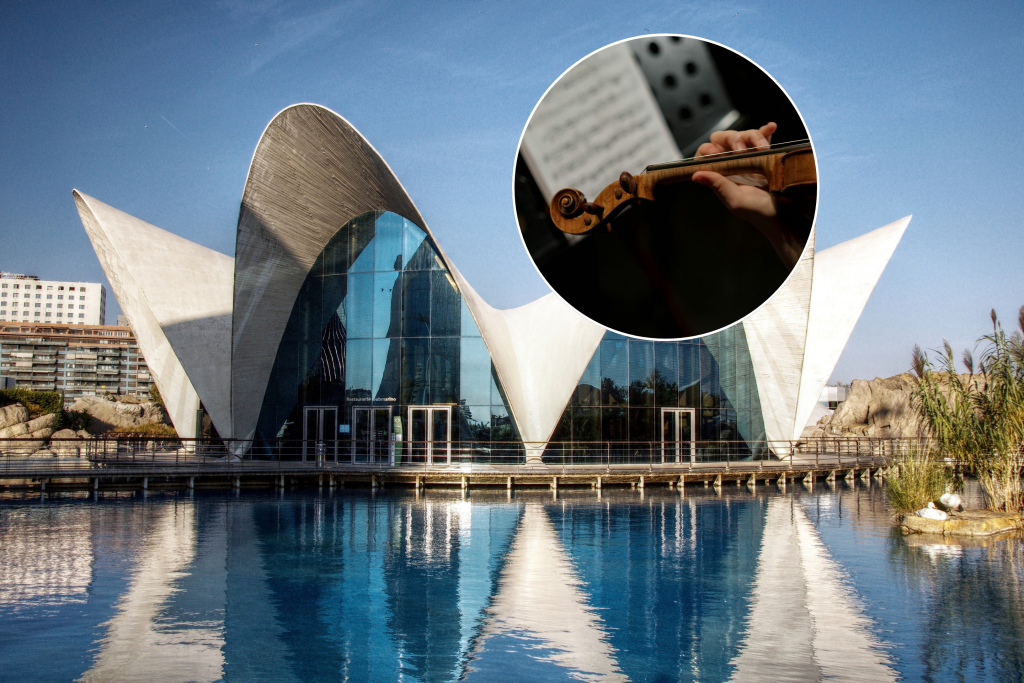 Edificio de acceso del Oceanogràfic de Valencia. Puerta Principal (acceso directo) y primer plano de las manos de una violinista durante un concierto.