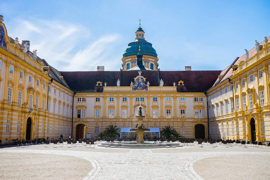 the monastery’s courtyard with a fountain