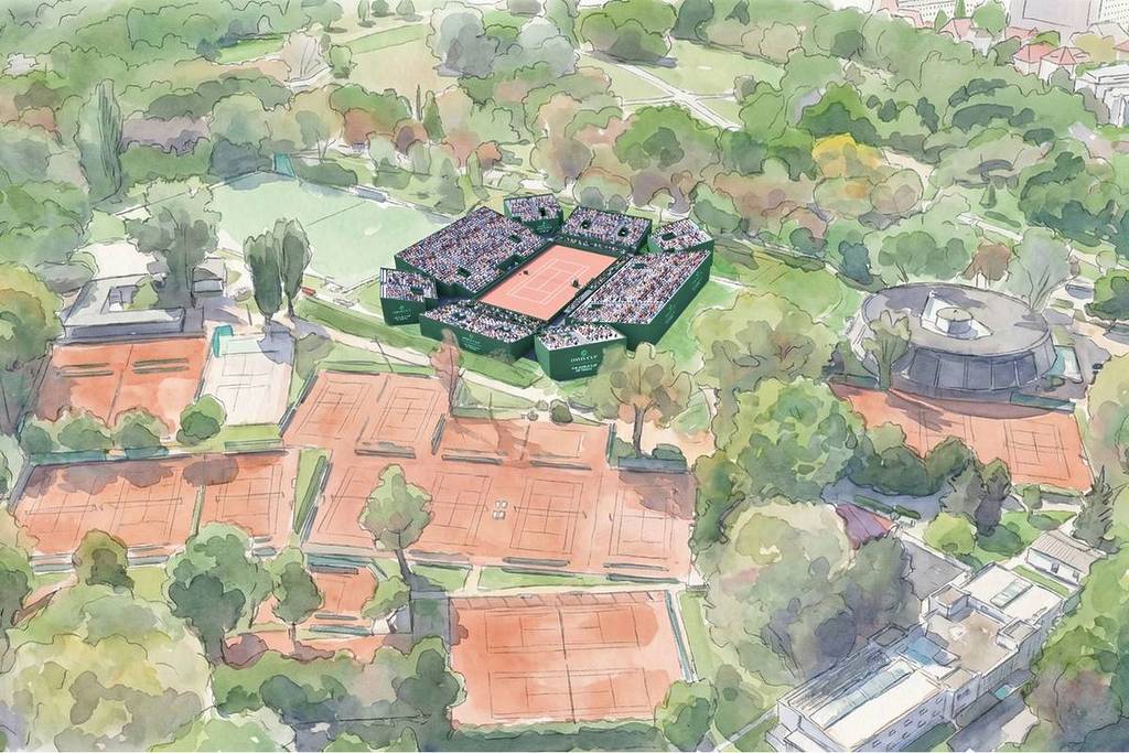 Ein Tennis-Pop-Up-Station für den Davis Cup wird auf dem Prater in Wien gebaut.