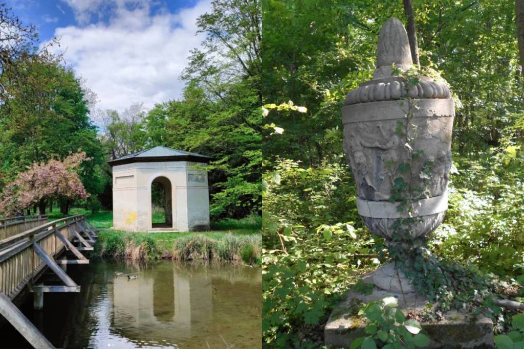 Der Pavillion und eine steinerne Urne im Harrackpark