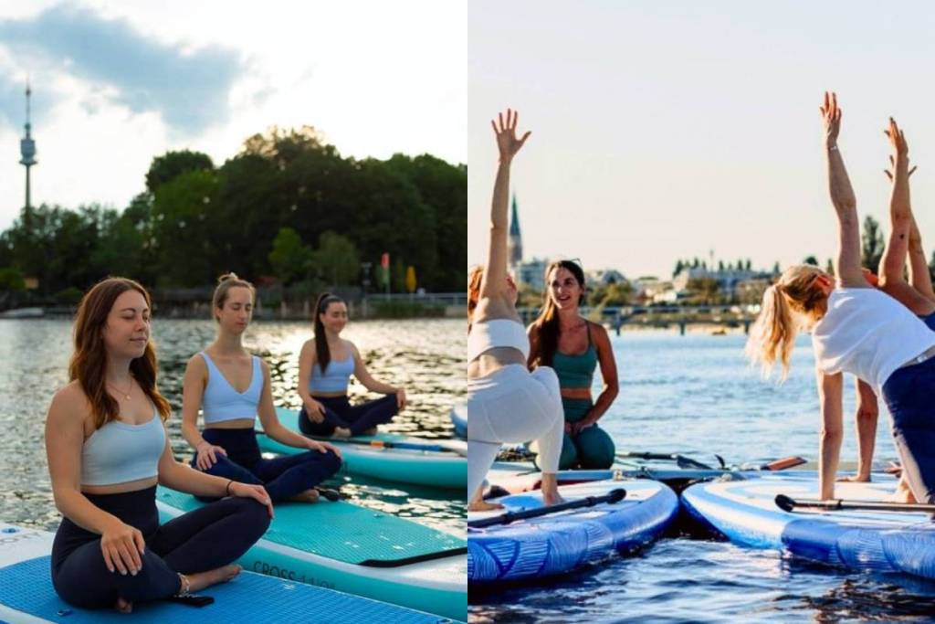 Mitten in Wien zu bester Sommerabkühlung mit extra Entspannung: Teste diesen außergewönlichen Yoga Flow direkt auf dem Wasser der Donau