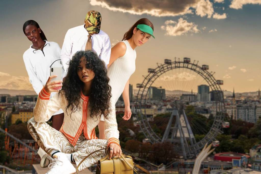 Four people pose for a selfie at Vienna’s Prater park at sunset in front of the Giant Ferris Wheel. The person in the front is wearing a knit cardigan with orange details; another is wearing a camouflage cap; a third is wearing a white dress and a green visor. They’re rocking the tennis-chic look.
