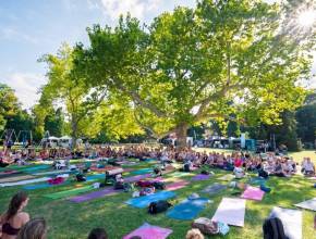 Entdecke mitten in Wien das riesige Open-Air-Wochenende für Yoga, Meditation, Eisbaden und Achtsamkeit in einem Wiener Schlossgarten