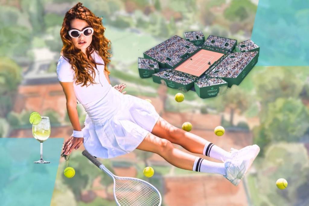 Stylized collage of a woman in a fashionable tennis-inspired outfit (white polo shirt, white pleated skirt, white sunglasses) floating in the air, surrounded by floating tennis balls, a tennis racket, a glass of spritzer, and a model of the Davis Cup stadium in Vienna.