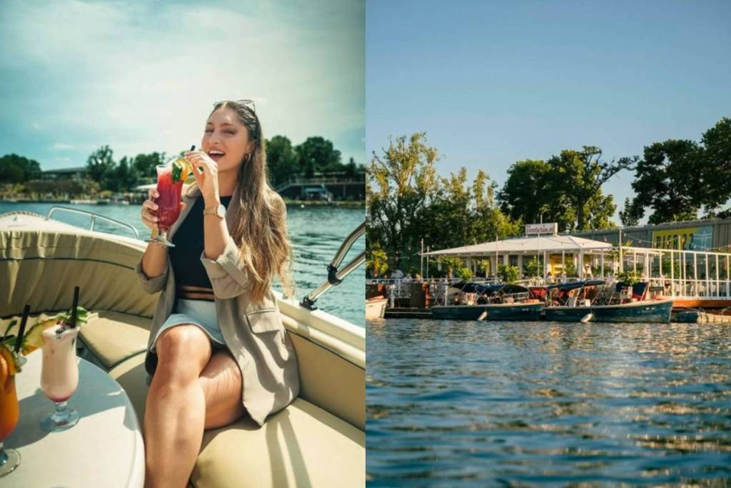 For just 30 €, cruise along the New Danube at Pier 22 in Vienna without a boating license and watch the sunset with drinks and your friends