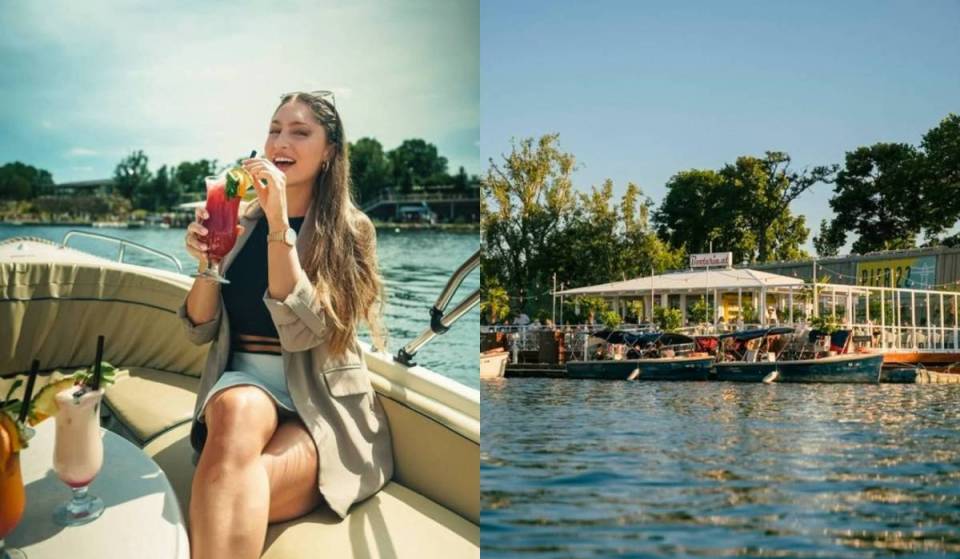 Schippere für nur 30 € ganz ohne Bootsführerschein über die neue Donau am Pier 22 in Wien und beobachte den Sonnenuntergang mit Drinks und deinen Freunden