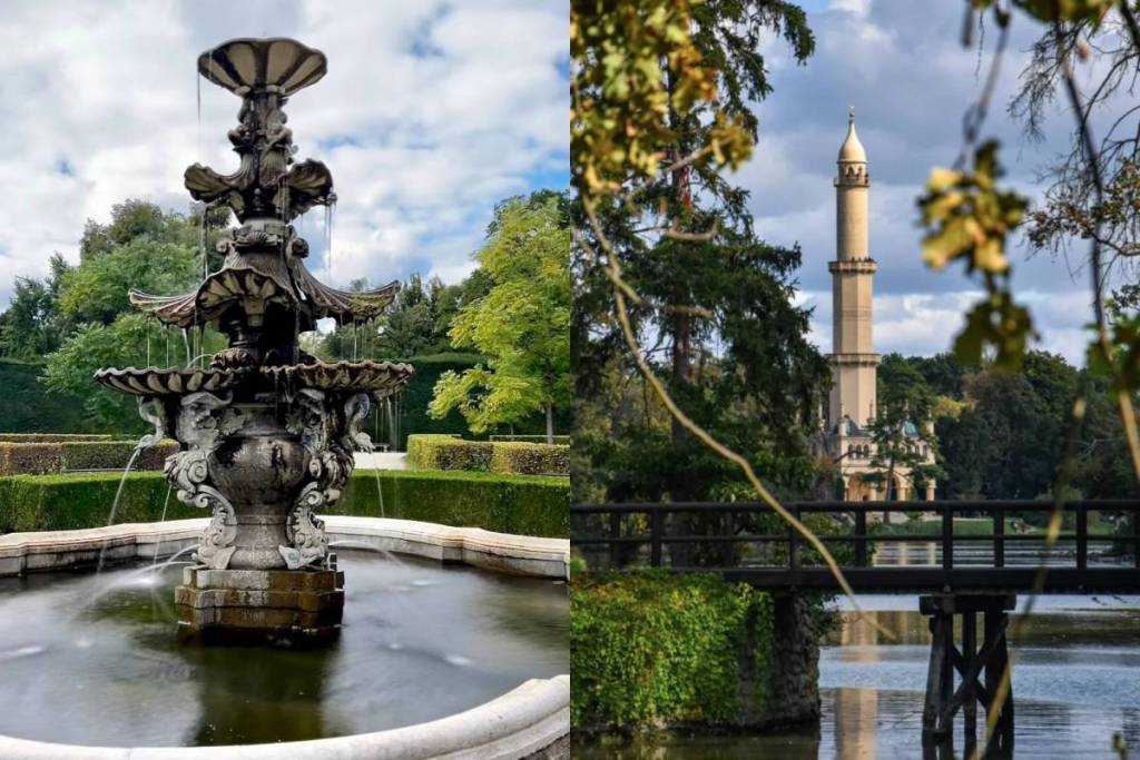 The minaret and the castle fountain in the landscape park of Eisgrub Castle (Lednice)