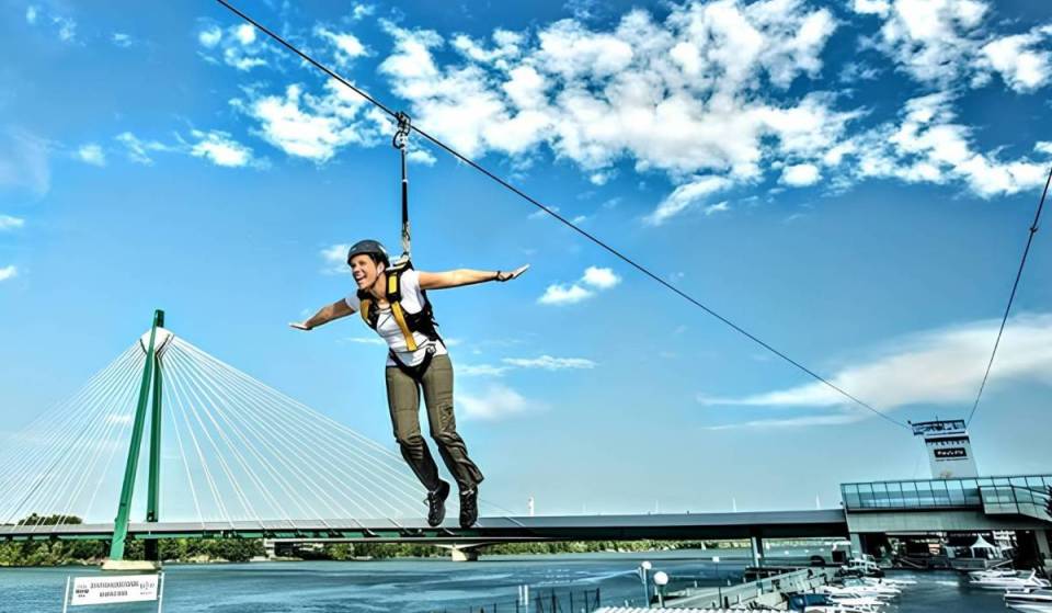A 380-meter zipline ride over the water right in the heart of Vienna: Discover the most extreme high-altitude flight over the Danube or take the plunge from a spectacular height of 36 meters