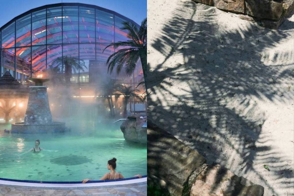 Just 2.5 hours from Vienna, a 4,000-square-meter wellness spa awaits you, featuring 40 saunas, a real sandy beach, and an aquarium full of exotic fish