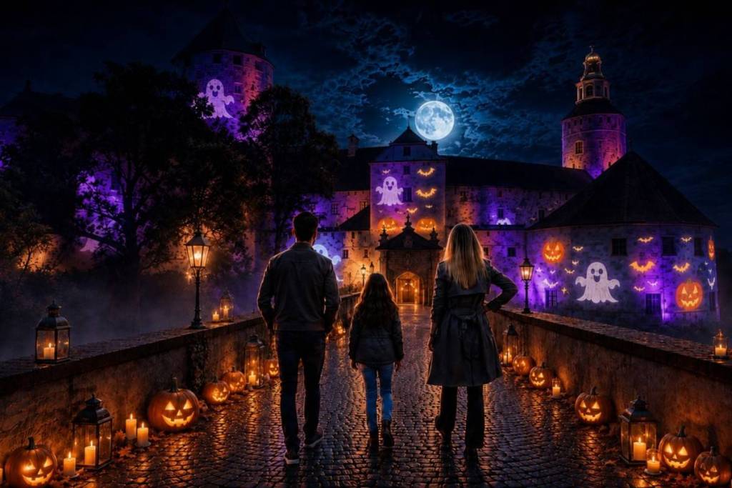 Eine Familie spaziert an Halloween über eine mit leuchtenden Kürbissen gesäumte Brücke zur Burg Schlaining, deren Fassade mit lila Gespenstern angestrahlt wird.