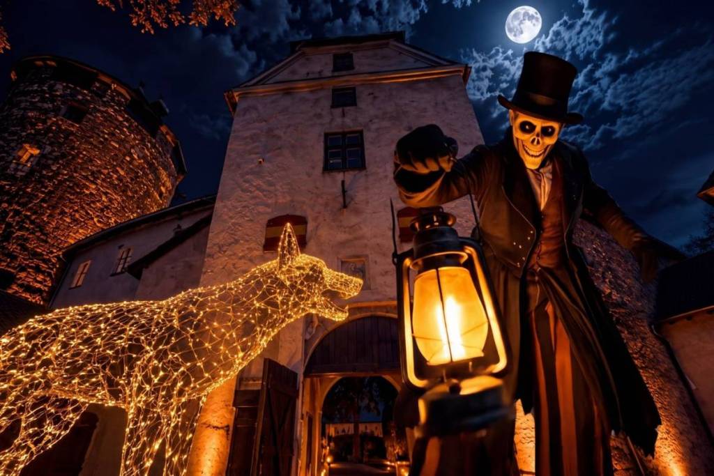 Eine schaurige Gestalt mit Totenkopfmaske, Zylinder und Laterne steht neben der leuchtenden Lichtskulptur eines Wolfes vor der Burg Schlaining bei Nacht.