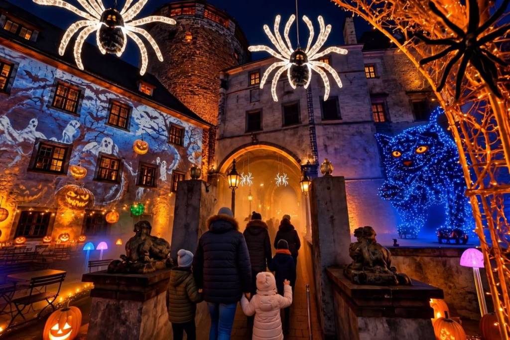 Eine Familie besucht das Halloween-Lichtspektakel auf Burg Schlaining und geht durch ein Tor, umgeben von riesigen Spinnen, Gespenster-Projektionen und einer blauen Katzen-Lichtskulptur.