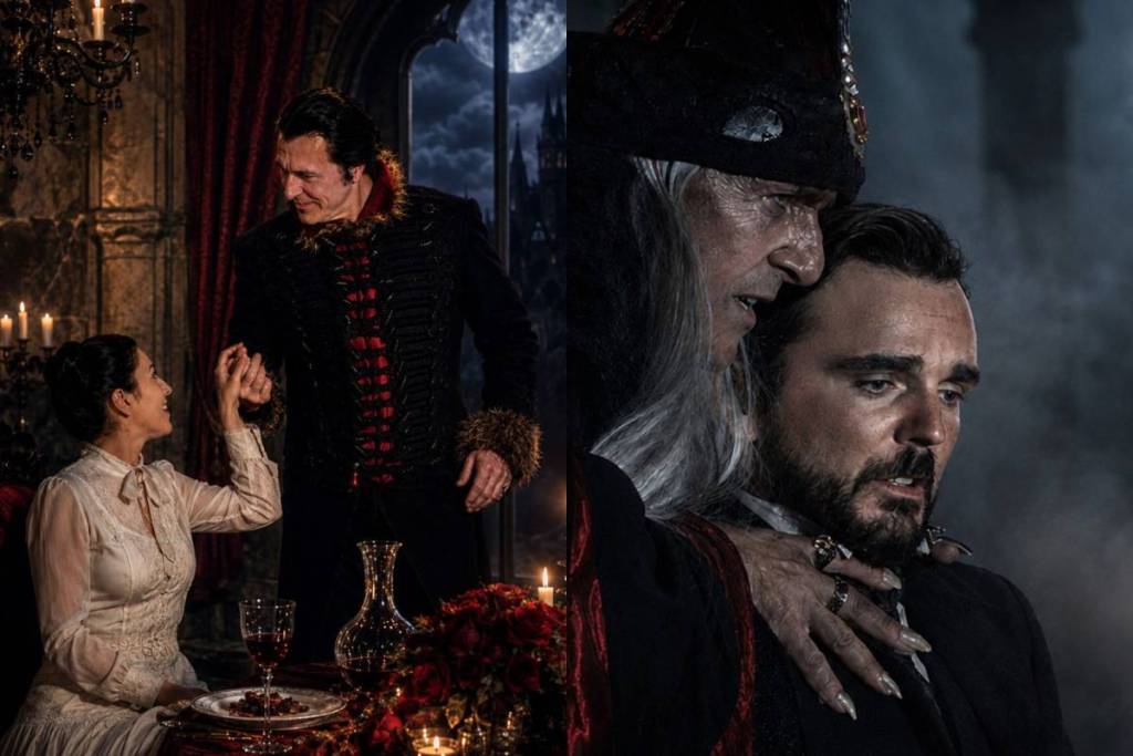 Two scenes from the immersive Dracula play at Lockenhaus Castle, showing an aristocrat dining with a woman on the left and a sinister vampire with a frightened guest on the right.