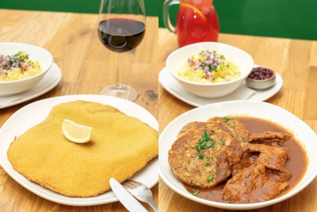 Veganes Schnitzel und veganes Gulasch mit Serviettenknödel im Velani