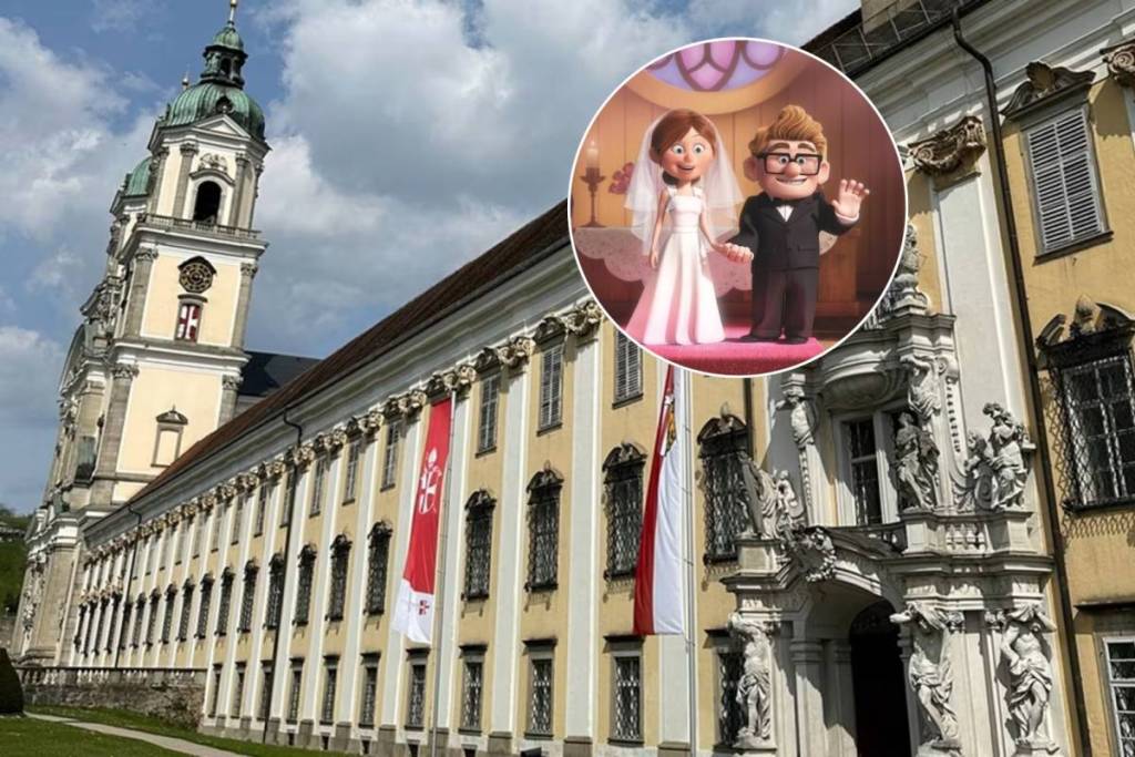 Collage: Stift St. Florian in Österreich / Szene aus Disney-Film "Oben"