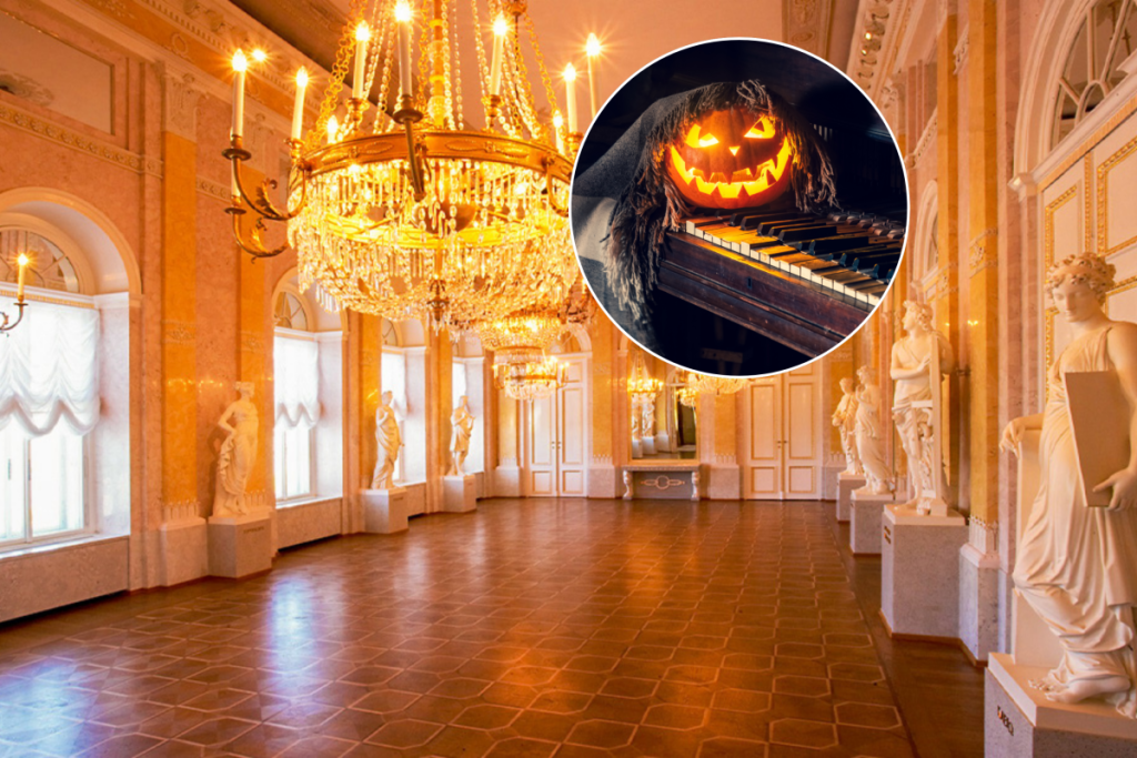 Collage: festlich beleuchteter Musensaal in der Albertina in Wien | Halloweenkürbis auf einem Klavier